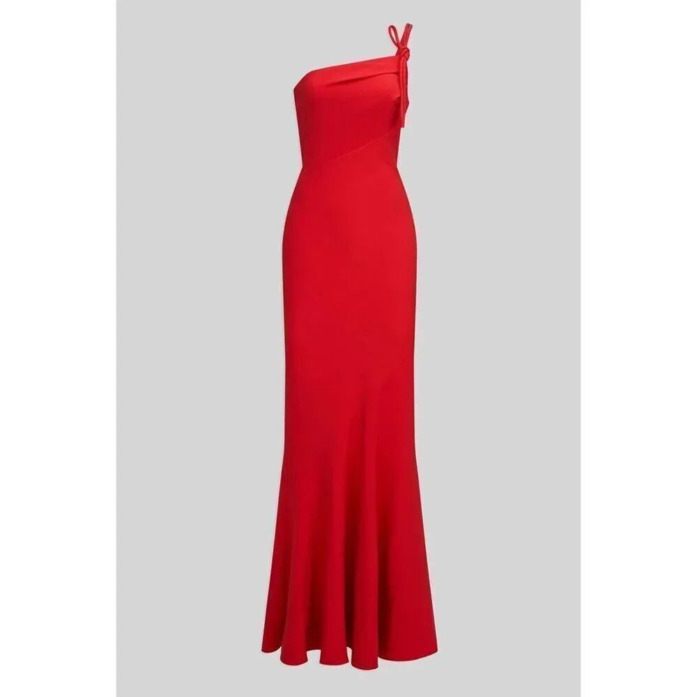 Halston Women's Red Sybil One-Shoulder Crepe Column Gown Maxi Dress Size 14 NWOT